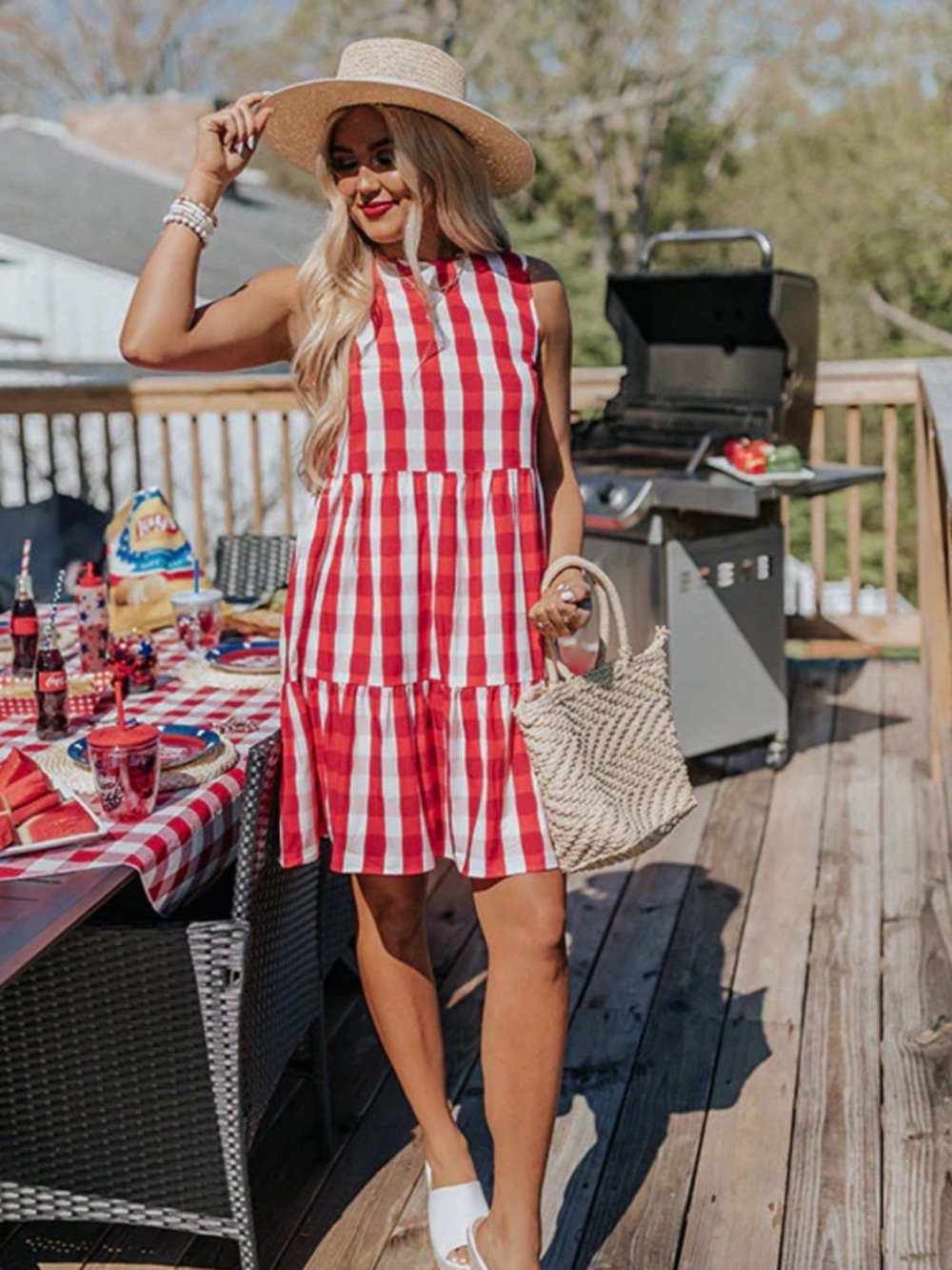 Impressions Summer Anthem Red Gingham Babydoll Dress Size S